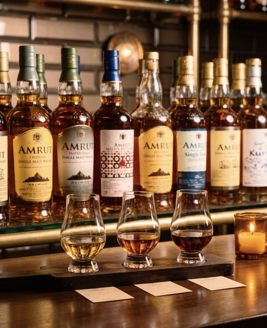 Amrut bottles behind the bar, with a three-glass tasting flight